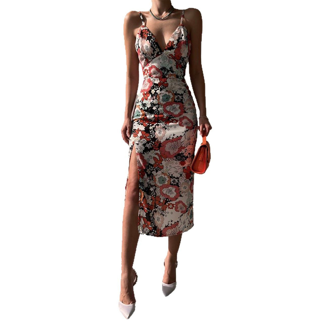Women Chic Casual Dress with Deep Slit and Elegant V-Neck