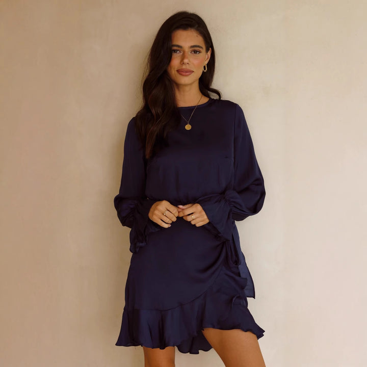 Women's wrap dress with swinging ruffle sleeves and elegant waist tie Lune London