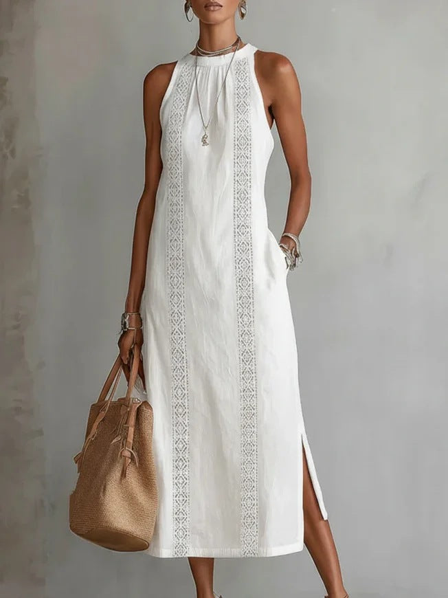 Damen Elegantes Sommer-Maxi-Kleid mit Spitzenapplikation und seitlichem Schlitz Lisslune