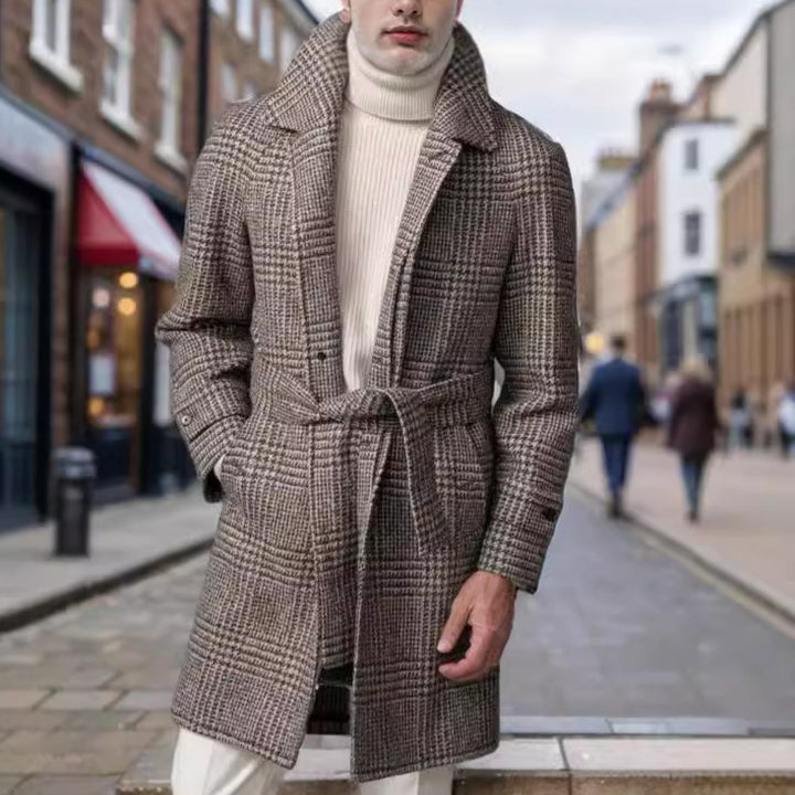 Men's elegant trench coat with modern check pattern and waist belt Lisslune