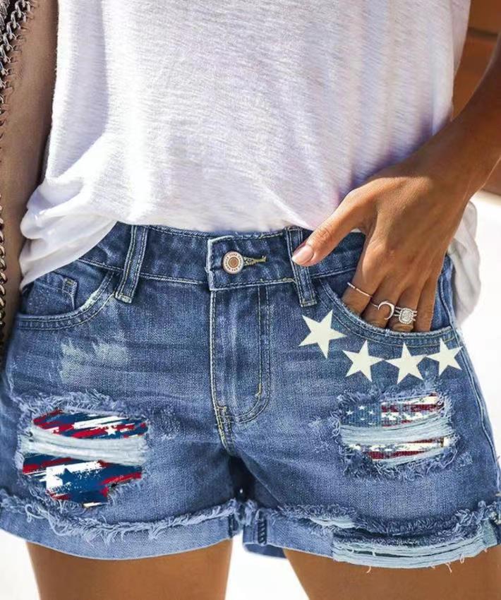 Ladies Fashion Destroyed Denim Shorts with Creative Patches Lisslune