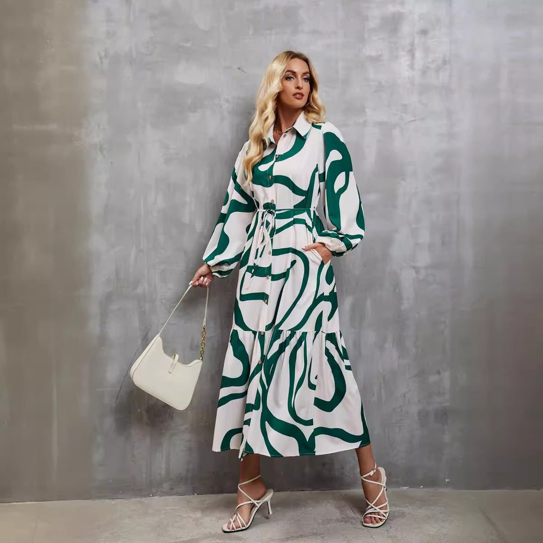 Women's Long Sleeve Dress with Sophisticated Graphic Design and Elegant Waist Belt Lisslune