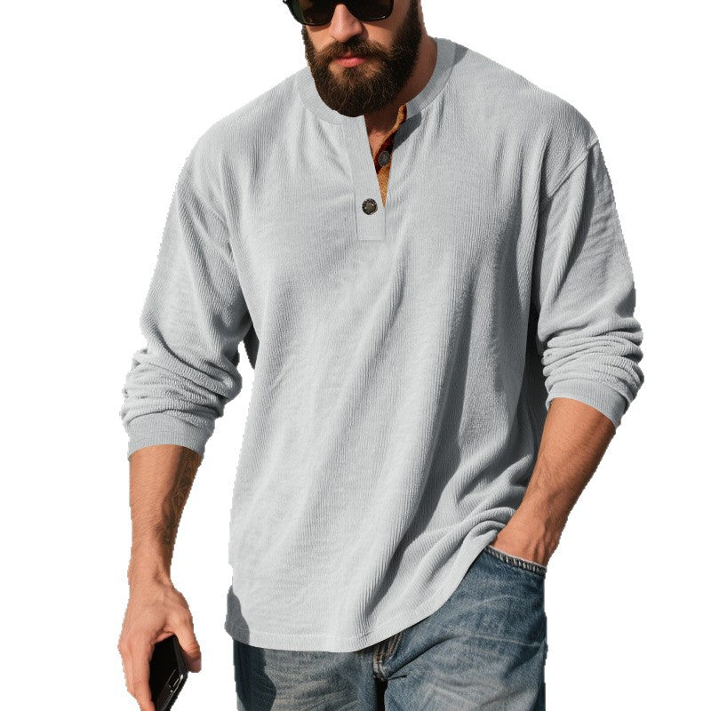 Men's long-sleeve shirt with textured ribbed look and fashionable button placket detail Lisslune