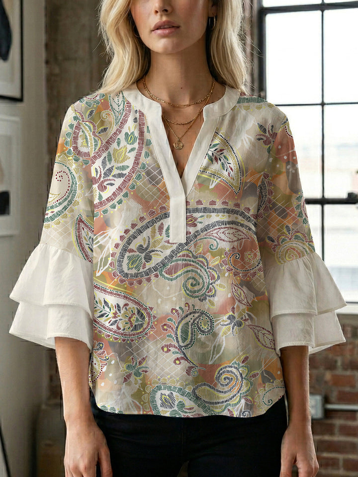 Women's blouse with voluminous ruffle sleeves and creative floral design Lisslune