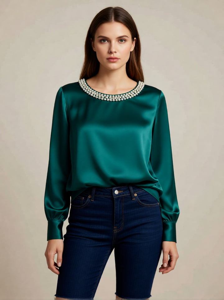 Damen elegante satinierte Bluse mit Perlenkragen Lisslune