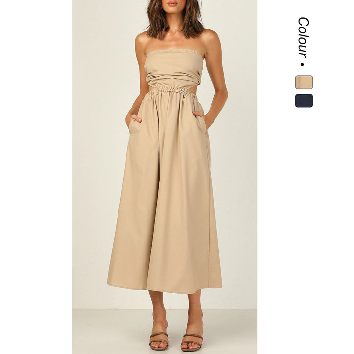 Women Strapless Maxi Dress with Side Cut-Out and Practical Pocket Design Lune London
