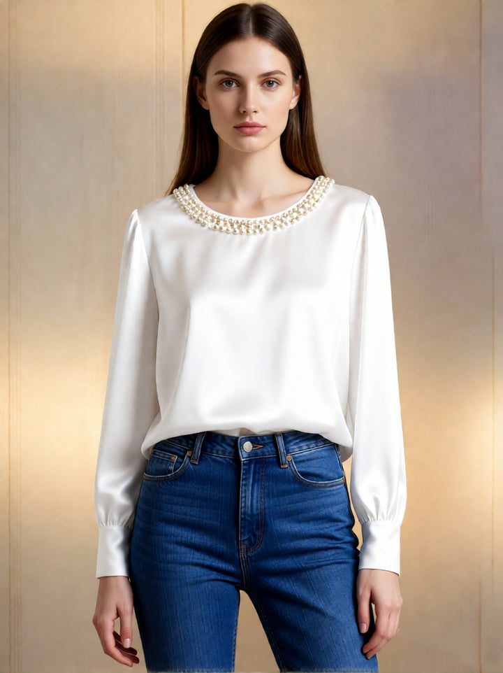 Damen elegante satinierte Bluse mit Perlenkragen Lisslune