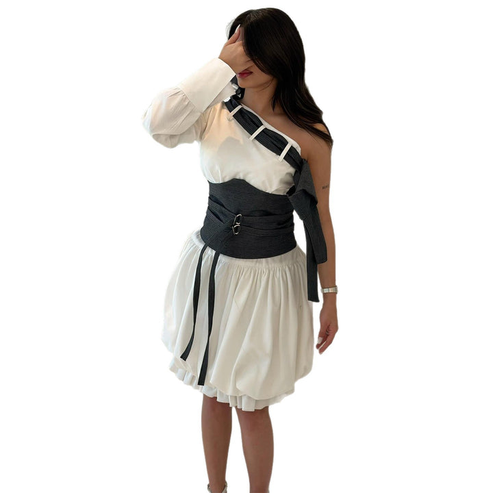 Women's Off-Shoulder Dress with Innovative Waist Bodice and Voluminous Skirt