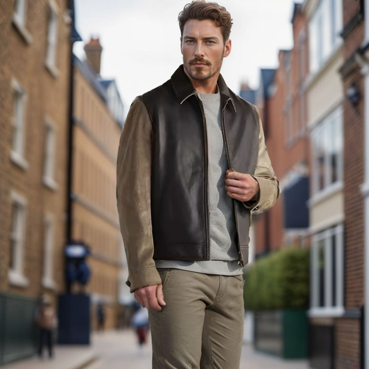 Men's stylish leather jacket with cord details and practical zippered pockets Lisslune