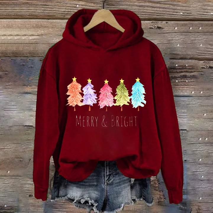 Women's Hooded Sweatshirt with Festive Tree Graphic Lisslune