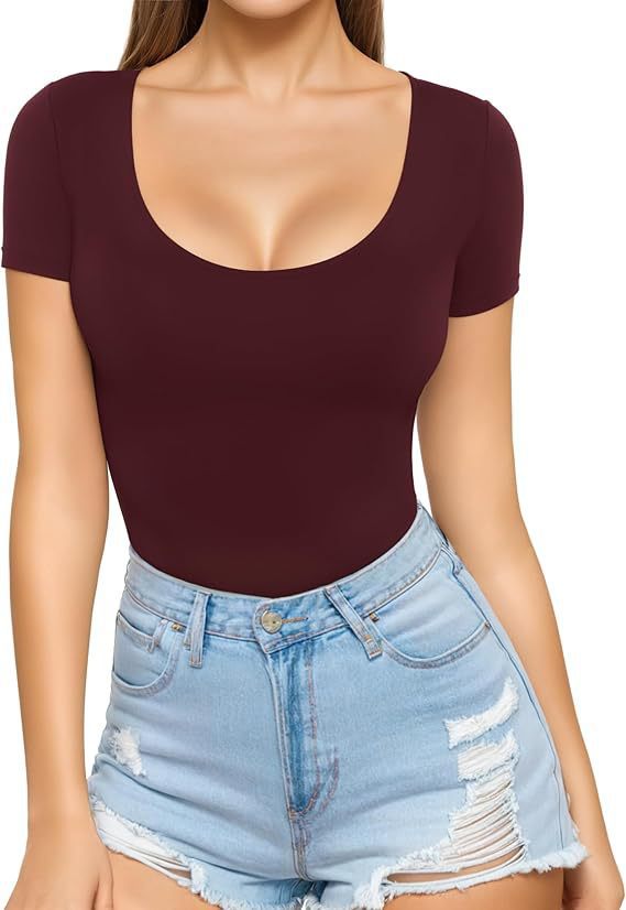 Damen figurbetontes Kurzarm-Body mit rundem Ausschnitt und nahtlosem Design Lisslune