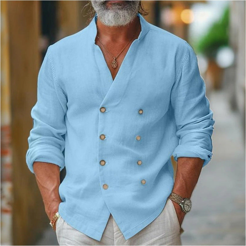 Men's linen shirt with double button placket and trendy standing collar Lisslune