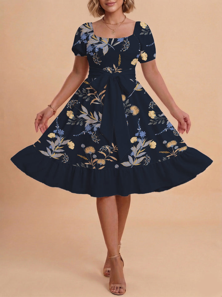 Women's Midi Dress with Elegant Floral Print and Fitted Belt Lisslune