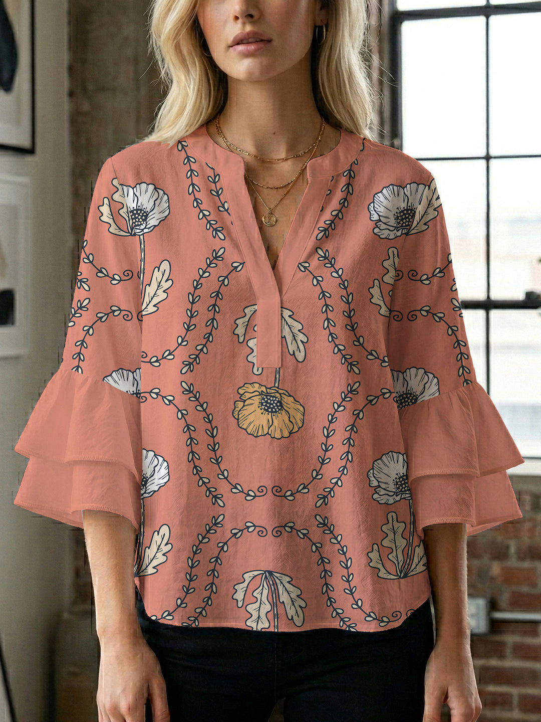 Women's blouse with voluminous ruffle sleeves and creative floral design Lisslune