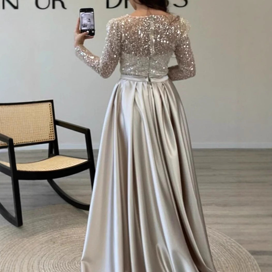 Women Elegant Evening Dress with Glitter Details and Flowing Fabric