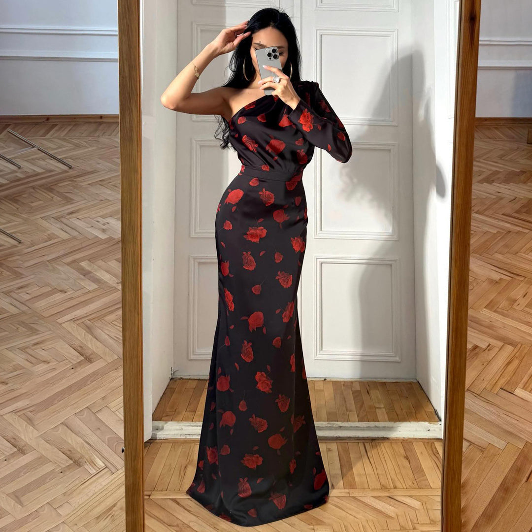 Women’s maxi dress with asymmetric design and elegant floral pattern