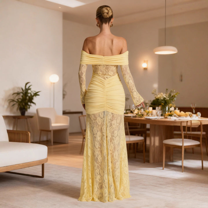 Women's Elegant Lace Evening Dress with Off-the-Shoulder Silhouette and Refined Ruffle Details
