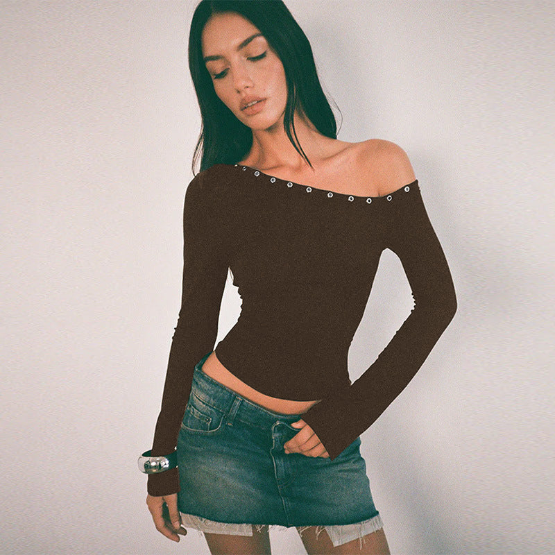 Women's Off-Shoulder Top with Fashionable Buttons and Figure-Hugging Cut