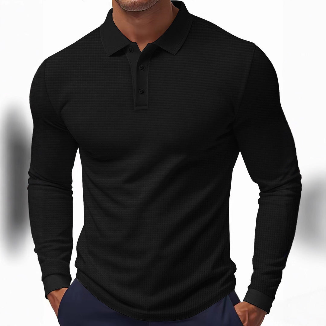 Men's Long Sleeve Polo Shirt with Textured Surface and Classic Collar Lisslune