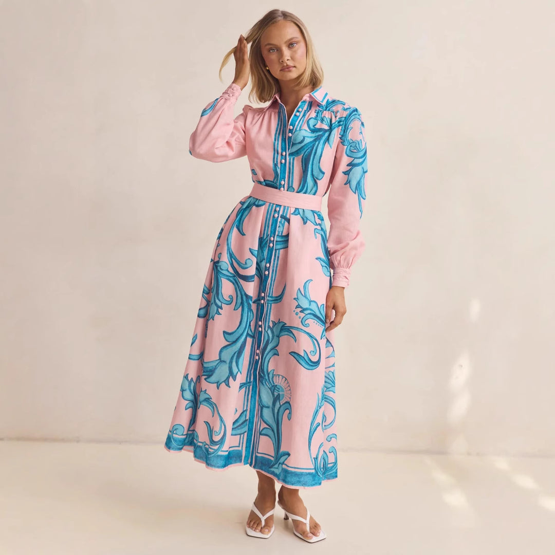 Ladies long sleeve shirt dress with floral accents and waist belt Lune London