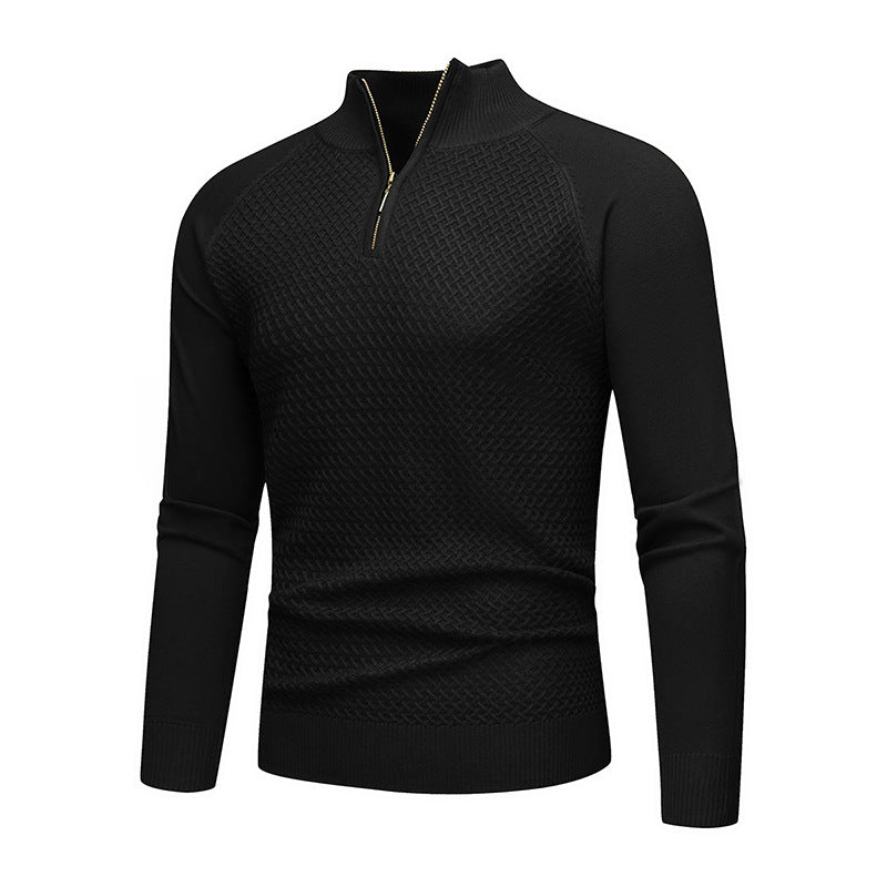 Men's Fine Knit Pullover with Textured Surface and Short Zipper Lisslune