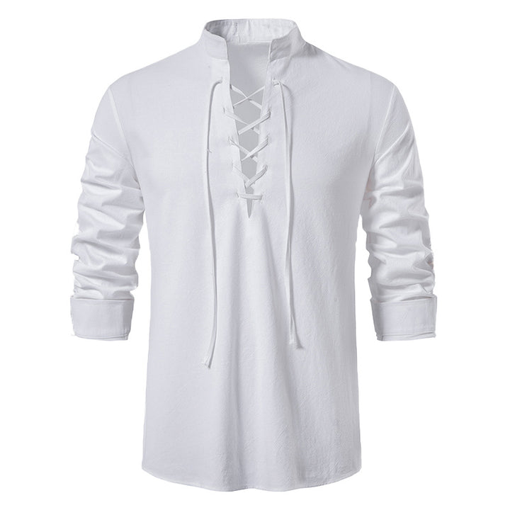 Men's casual long-sleeve shirt with innovative lacing and modern stand-up collar Lisslune