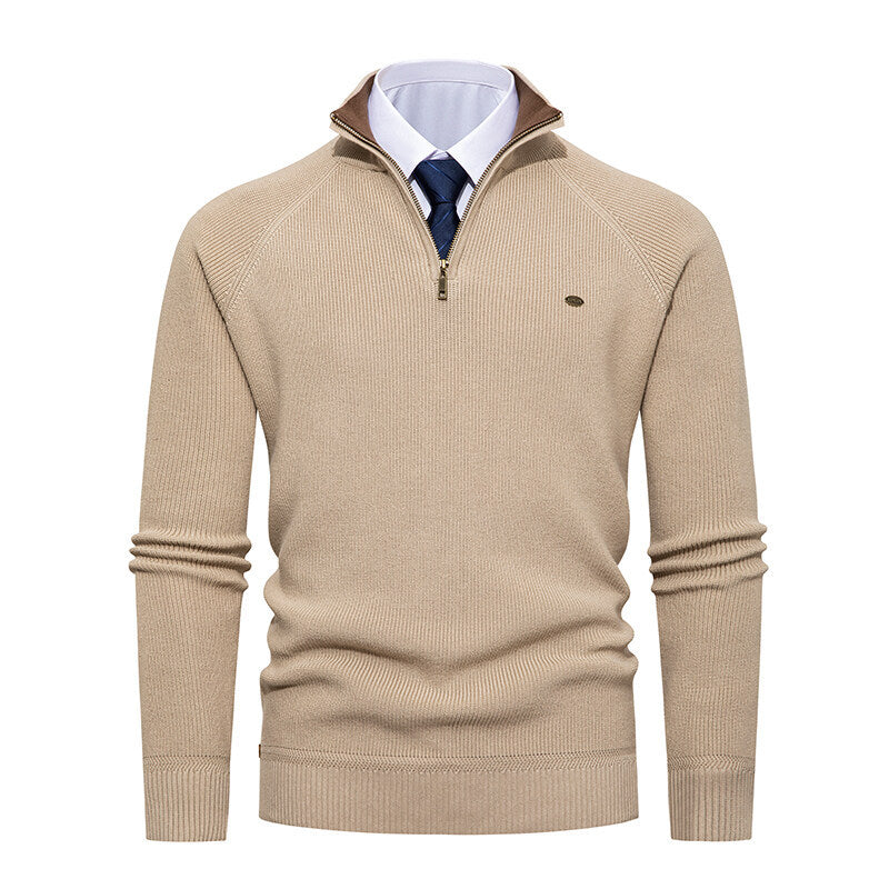 Men's Elegant Knit Sweater with Stand Collar and Zipper Lisslune