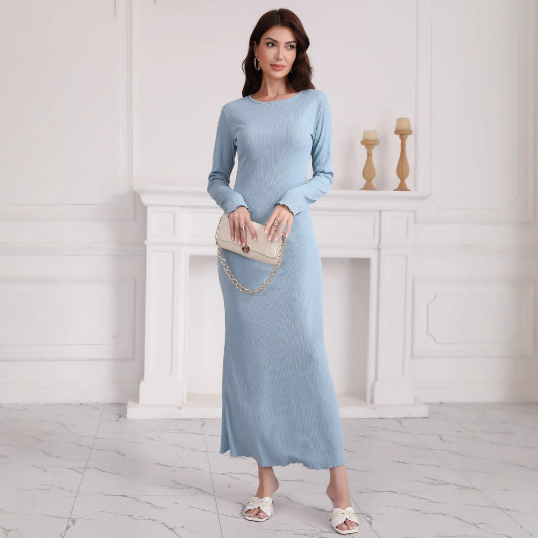 Women's Long Sleeve Maxi Dress made of high-quality ribbed knit fabric with elegant slit