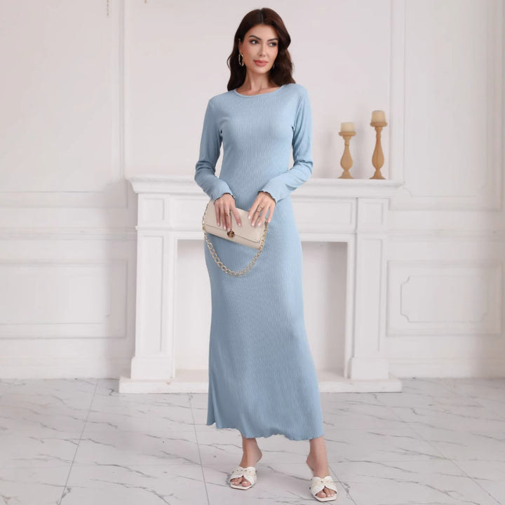 Women's Long Sleeve Maxi Dress made of high-quality ribbed knit fabric with elegant slit