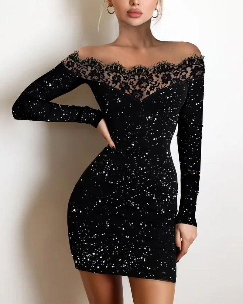 Ladies Off-shoulder Dress with Lace Trim Lisslune