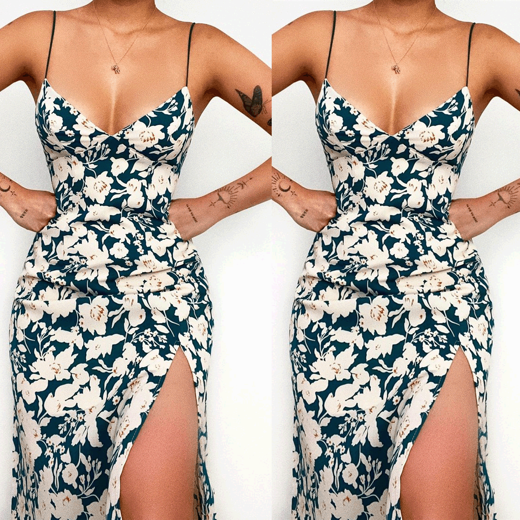 Ladies spaghetti strap maxi dress with floral design and high slit Lune London