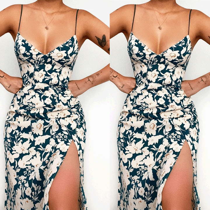 Ladies spaghetti strap maxi dress with floral design and high slit Lune London