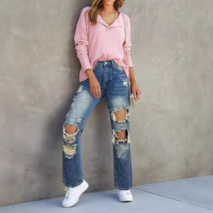 Women's casual destroyed jeans with wide legs and trendy ripped details Lisslune
