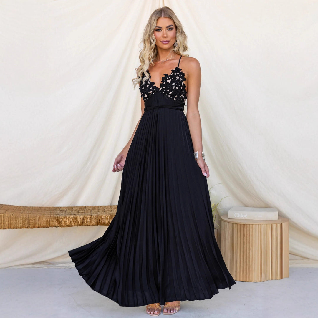 Women's Pleated Maxi Dress with Embellished Straps and Elegant Waist Belt