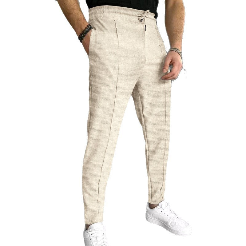Men's stylish high-waisted pants with elastic drawstring and textured design Lisslune