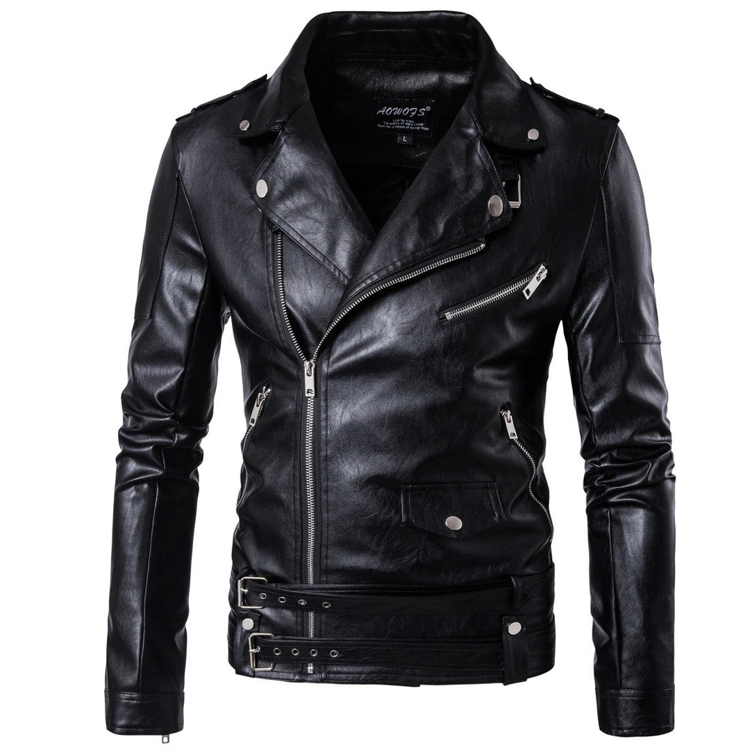 Men's biker jacket made of high-quality leather with an asymmetrical zipper and decorative buckles Lisslune