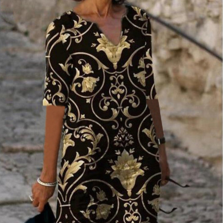 Ladies luxurious V-neck dress with floral design and short sleeve Lisslune