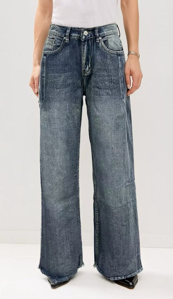 Damen weite Denim-Jeans mit kreativem Muster und fransigem Saum Lisslune