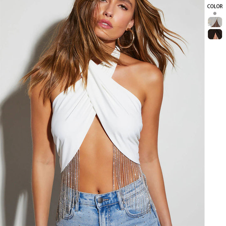 Ladies trendy top with sparkling fringes and wrap design