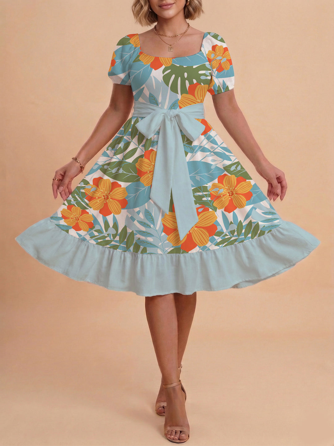 Women A-line dress with floral motifs and adjustable belt Lisslune