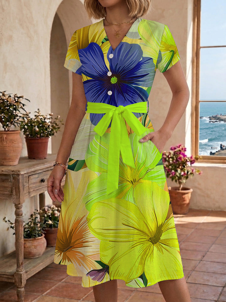 Women’s midi dress with colorful floral design and adjustable tie belt Lisslune