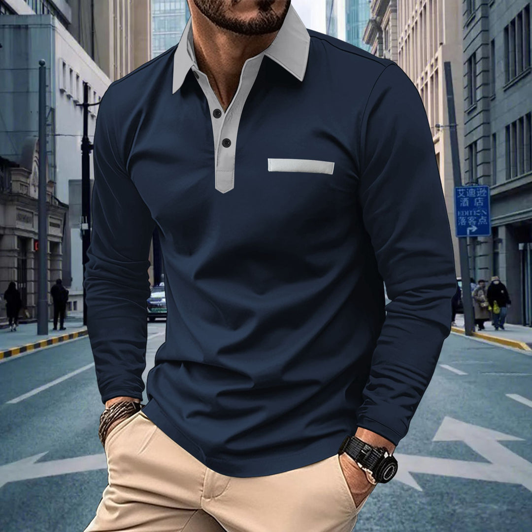 Men's long sleeve polo shirt with modern stand-up collar and sophisticated contrast design Lisslune