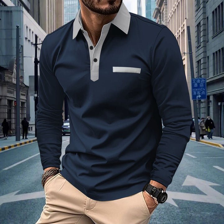 Men's long sleeve polo shirt with modern stand-up collar and sophisticated contrast design Lisslune