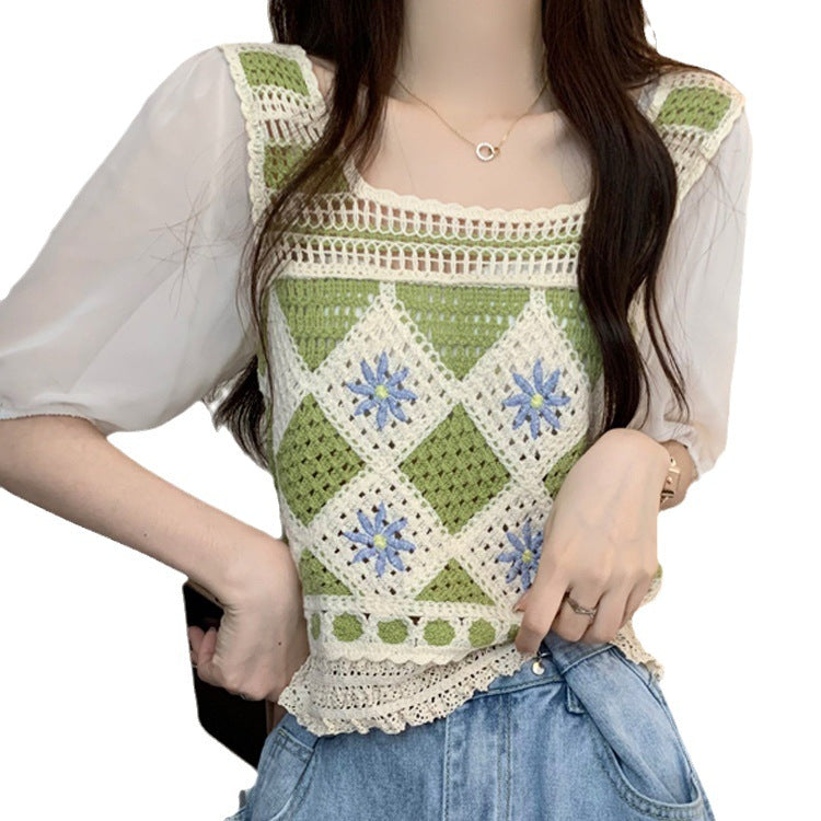 Women's crochet top with transparent puff sleeves and diamond-shaped design