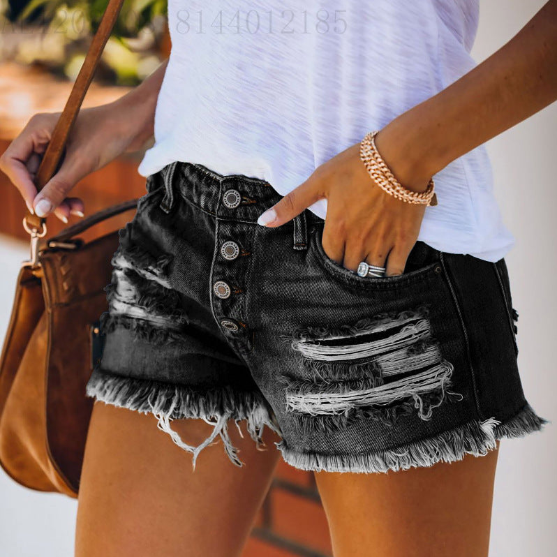 Women's casual destroyed denim shorts with button details and frayed hem Lisslune