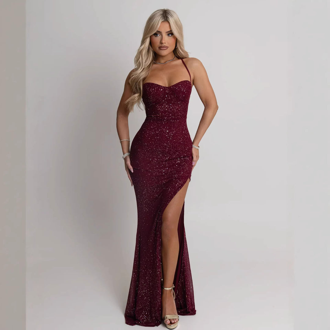 Women evening dress with shimmering sequin embellishment and seductive slit Lisslune