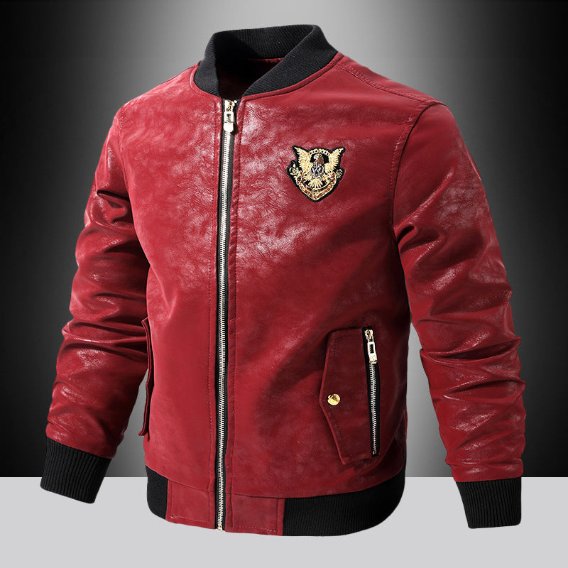 Men's fashion synthetic leather bomber jacket with embroidered details Lisslune