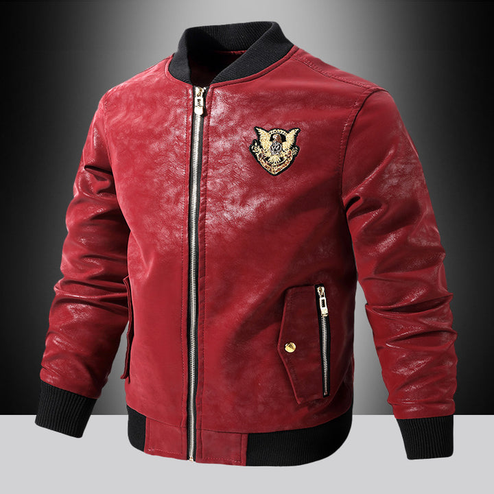Men's fashion synthetic leather bomber jacket with embroidered details Lisslune