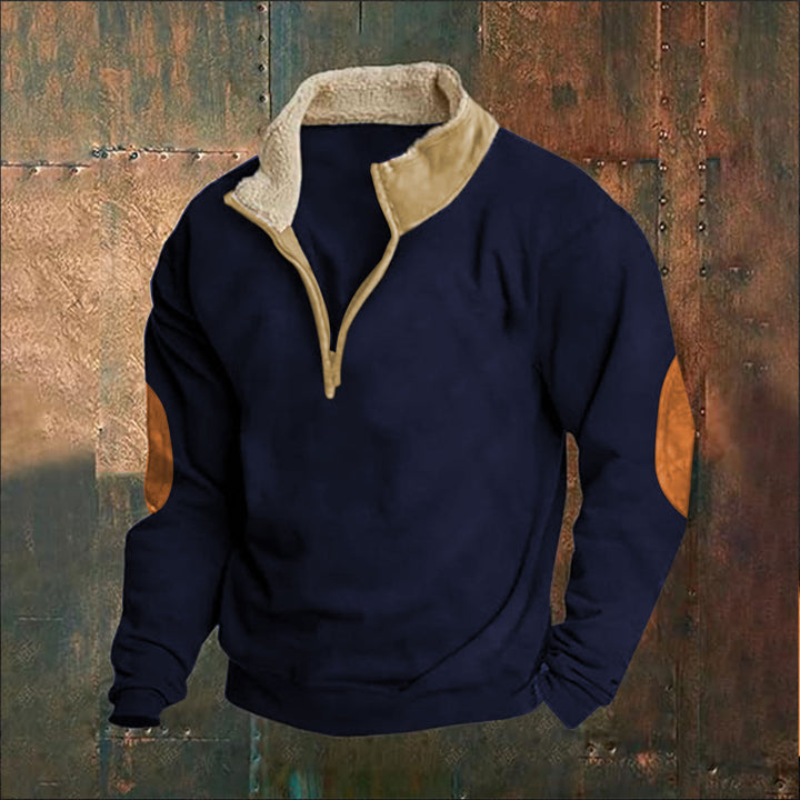 Men's sporty fleece pullover with contemporary stand-up collar and fashionable synthetic leather applications Lisslune