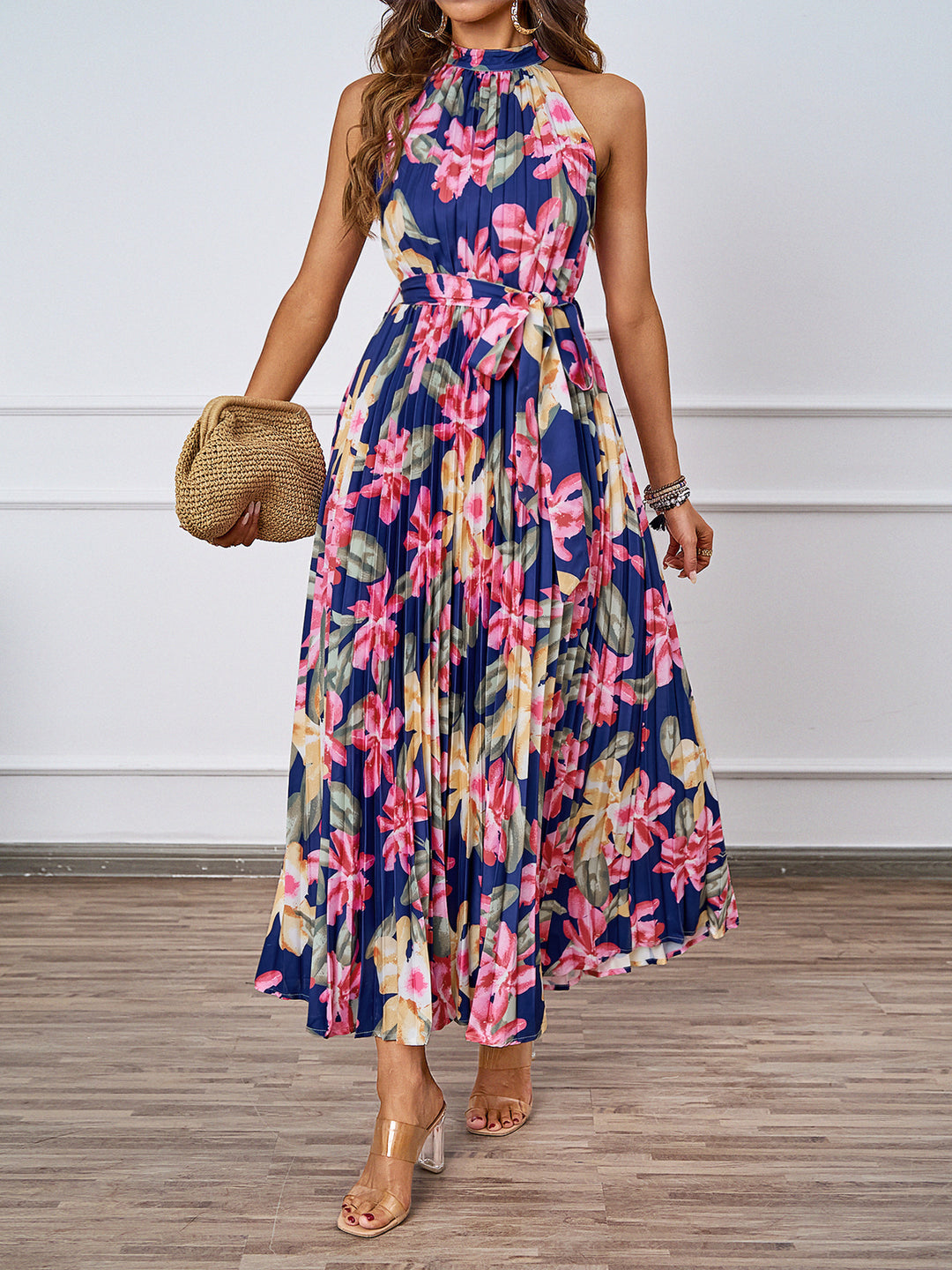 Ladies maxi dress with intricate pleating and stylish tie belt Lisslune